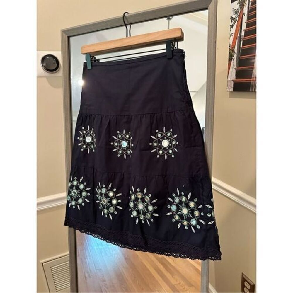 LOFT Petite Black A Line Floral Embroidered Cotton Skirt